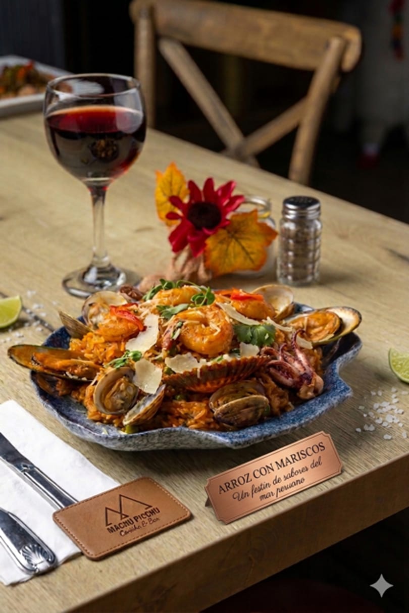 Arroz con Mariscos, a Peruvian seafood rice dish, with a glass of red wine on a wooden table.