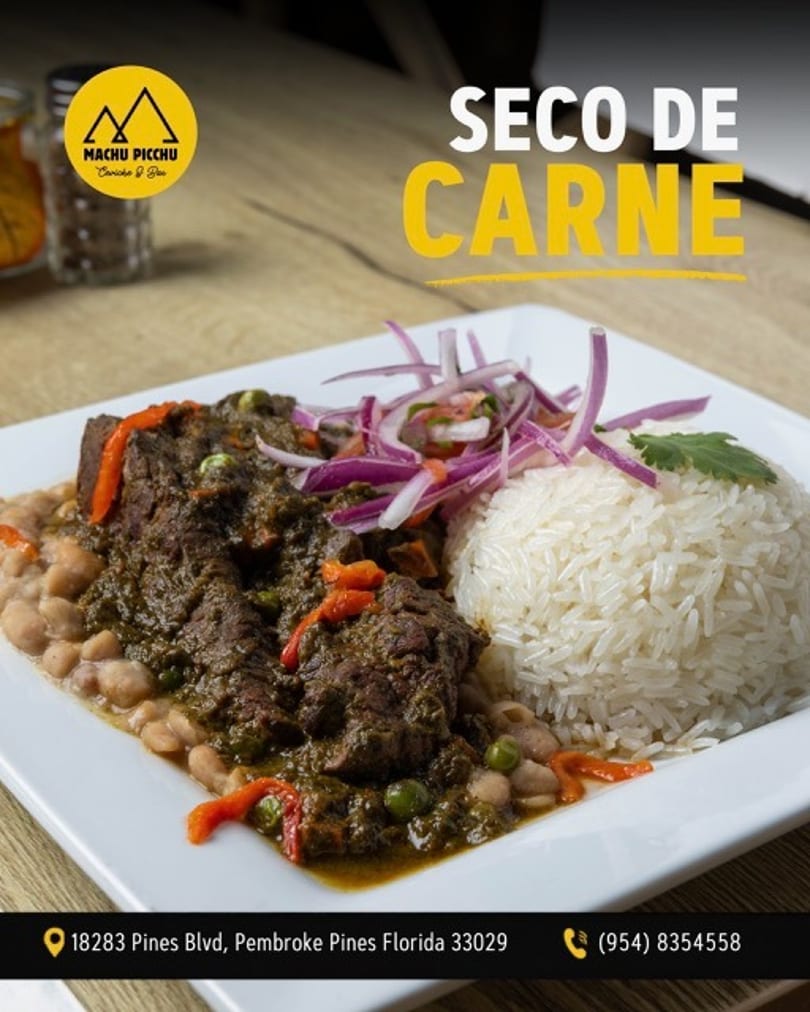 Machu Picchu's Seco de Carne, a Peruvian beef stew with rice, beans, and red onion.