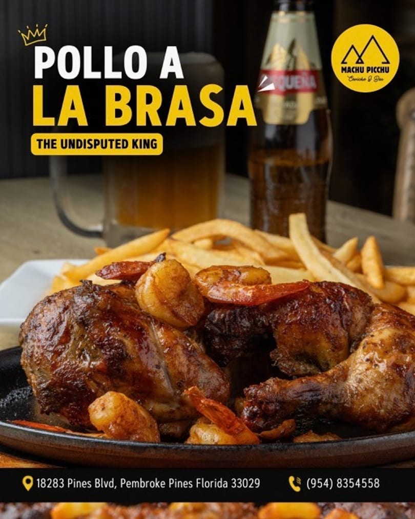 Pollo a la Brasa with shrimp and potatoes, served with fries and a beer.