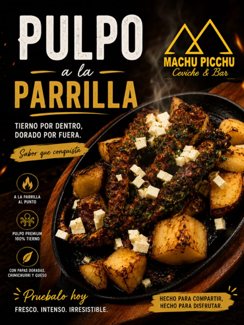 Grilled octopus with golden potatoes, chimichurri, and cheese in a hot skillet.