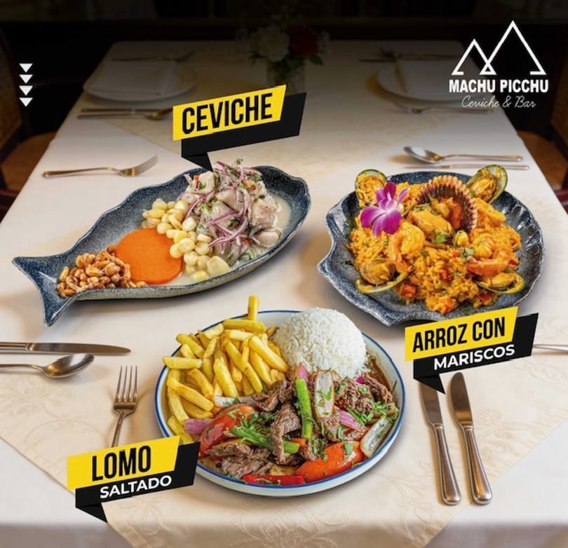 Three Peruvian dishes: Ceviche, Arroz con Mariscos, and Lomo Saltado, on a white tablecloth.