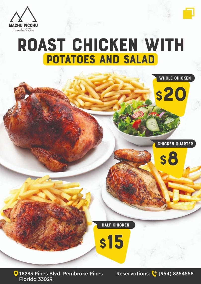 Machu Picchu restaurant menu showing whole, half, and quarter roast chicken with fries and salad.