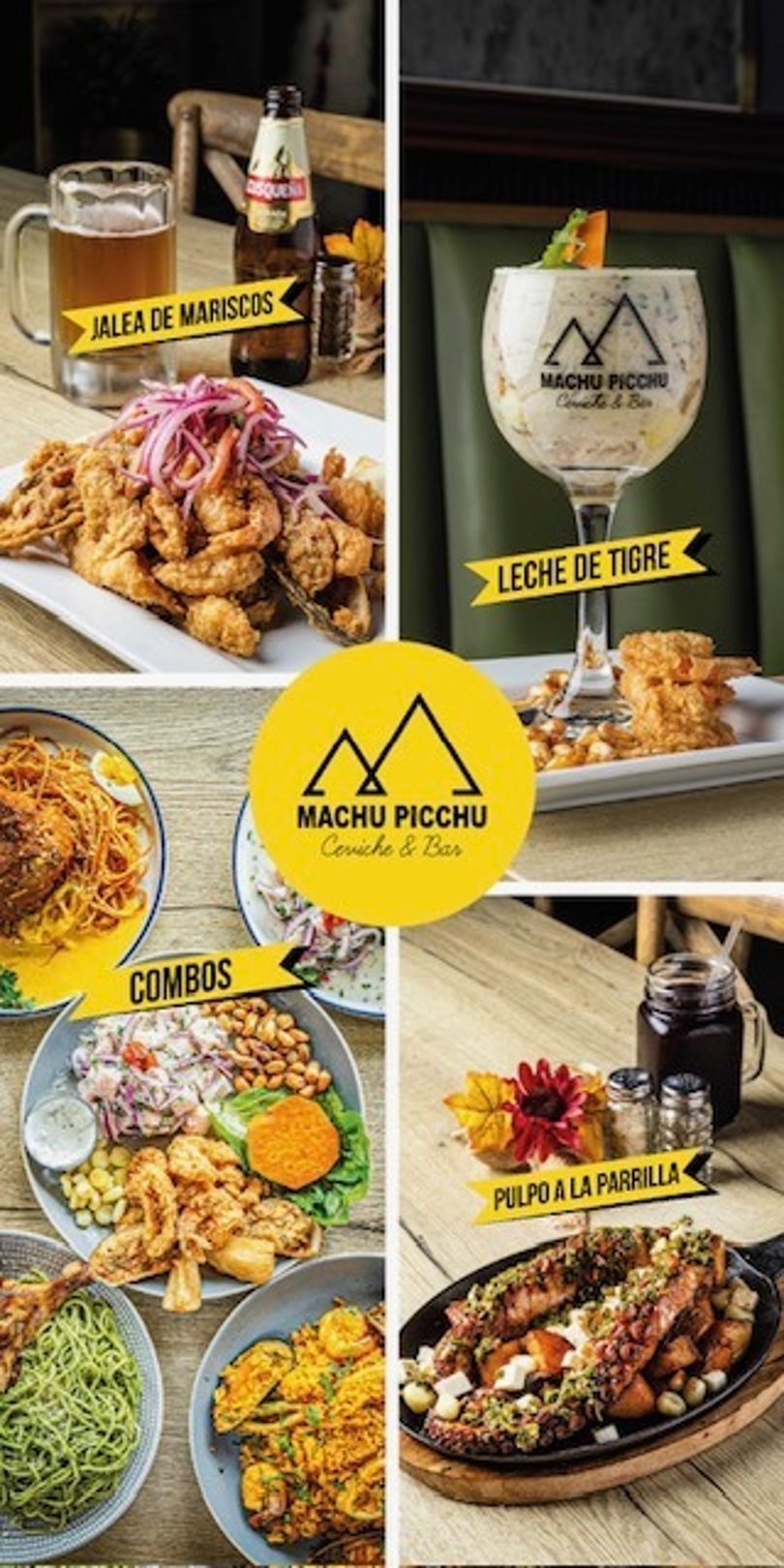 A collage of four Peruvian dishes: Jalea de Mariscos, Leche de Tigre, Combos, and Pulpo a la Parrilla.