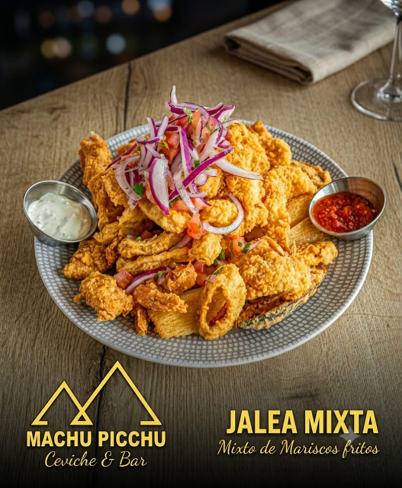 Machu Picchu Ceviche & Bar's Jalea Mixta, a plate of crispy fried seafood with red onion salsa.