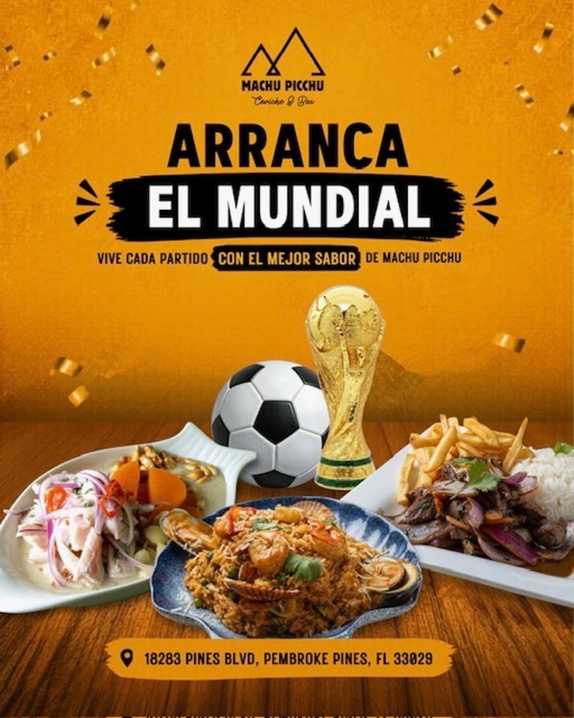 Machu Picchu restaurant ad with Peruvian dishes, a soccer ball, and a World Cup trophy.