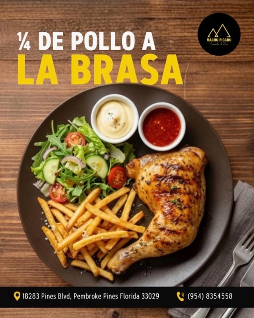 A plate of Machu Picchu's Pollo a la Brasa with fries, salad, and two dipping sauces.